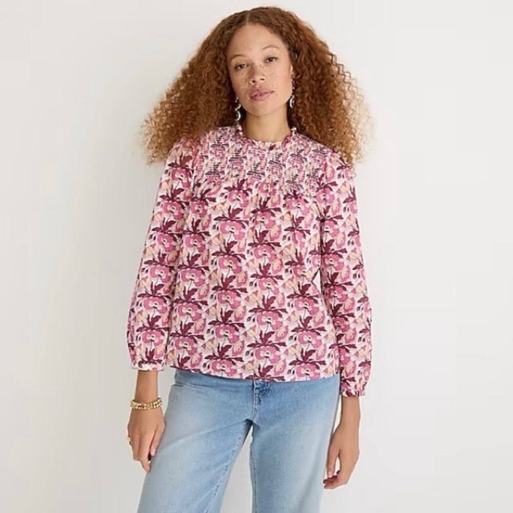 J. Crew S Smocked Button Back Top Liberty Butterfield Poppy Organic Cotton BL654